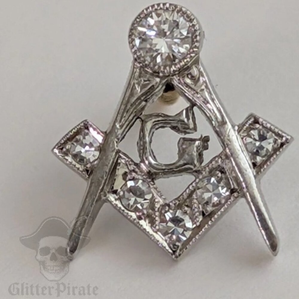 Vintage Platinum 950 & .11ctw Diamond Masonic Square and Compass Pin | 14K Spike